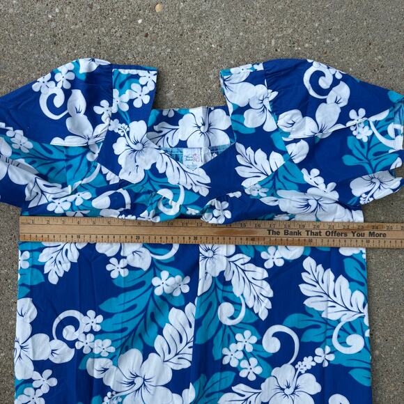 VTG Winnie Fashion Hawaiian Blue Tropical Floral Ruffle Hem Tulip Sleeve Dress L - Picture 8 of 11